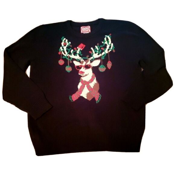 Hybrid Black Cool Reindeer Christmas Sweater - Picture 1 of 6